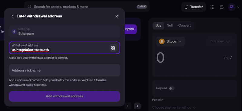 Kraken exchange doesn't allow ENS name as recipient in the withdrawal flow