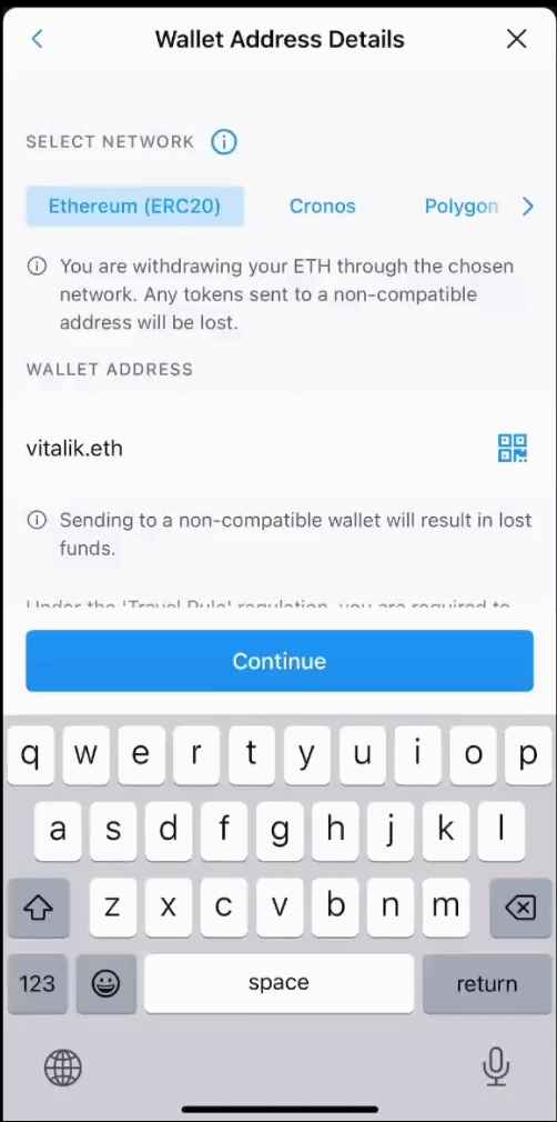Crypto.com Exchange doesn't allow ENS names as the recipient in the withdraw flow