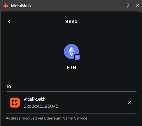 MetaMask Wallet correctly resolves the address for vitalik.eth