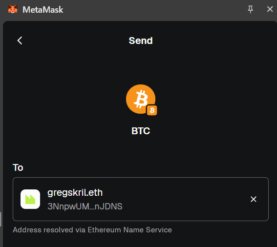 MetaMask Wallet correctly resolves the Bitcoin address for gregskril.eth